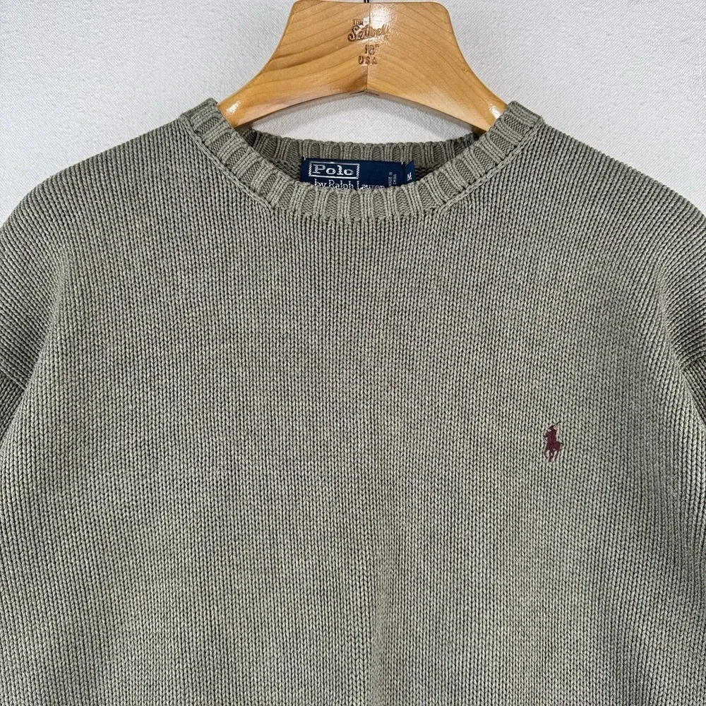 90s Vintage Polo Ralph Lauren Men's M Olive Marled Knit Sweater 100% Cotton - Picture 4 of 14